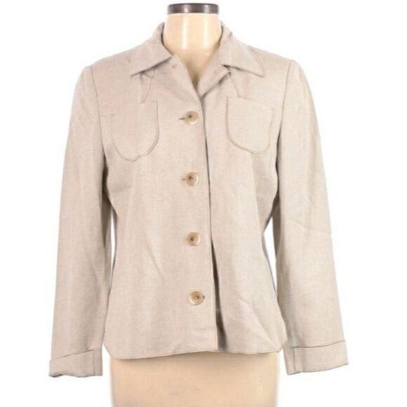 Vintage 80's Harve Benard Linen Safari Button Down Shacket Blazer Tan Sz 12 - Picture 1 of 8